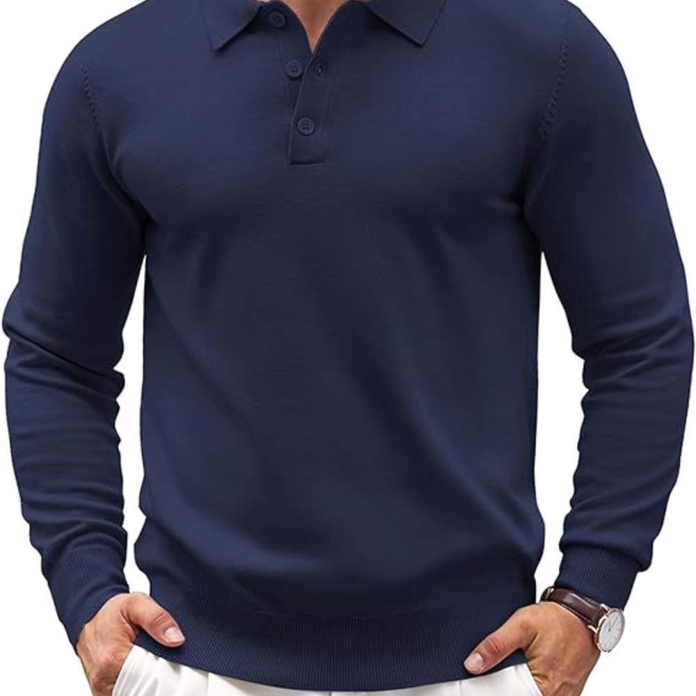 NWT COOFANDY Mens Med Knit Long Sleeve Classic Polo Shirt Button Down Navy Blue
